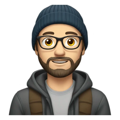 young dark-haired white man with a beanie, glasses and beard sticker