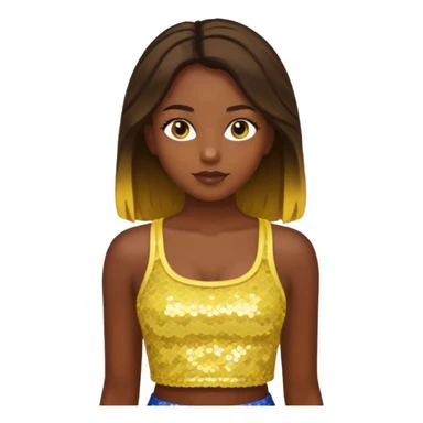 Sasha from Bratz with long light dark brown hair, dark skin, hazel eyes, yellow sequin crop top sticker