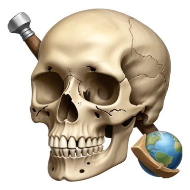 An icon featuring a human skull and fossilized bones, symbolizing the study of anthropology. The design includes archaeological tools like a pickaxe and brush, with a background of ancient artifacts and a globe. Transparent background emphasizes the exploration of human history and evolution. sticker