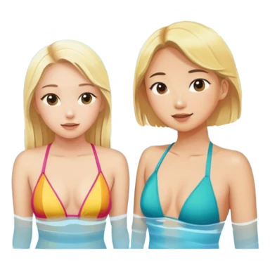 Blonde girl wearing a bathing suit and an Asian girl wearing a bathing suit on the pool side, watching the view tanning sticker