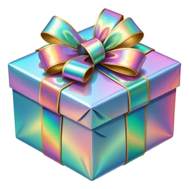 Hyperrealism  wrapped christmas gift, with realistic detailed iridescent holographic ribbon sticker