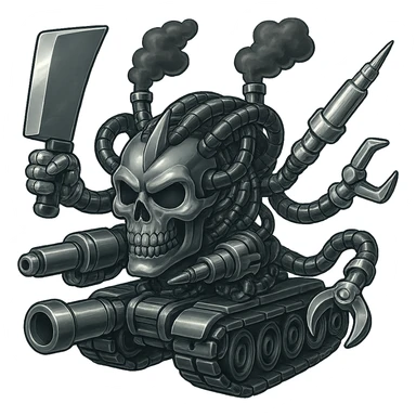Edit the skull robot tank to have 4 distinct arms, each hand holding a different weapon: a large industrial blade, a blaster, a menacing syringe, and a claw. All exterior metal should be shiny silver grey, inside cables and tech almost black. Smoke from the top is dark shaded smoke. Keep everything else as is, with clean outline, compact proportions, and transparent background in retro stickers style. sticker
