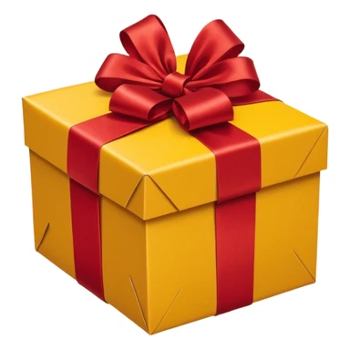 box with yellow wrapping paper and a length of red ribbon surrounding it on the ground so you can see most of the box's cardboard sticker