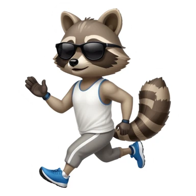 friendly anthropomorphised raccoon in sports wear, wearing dark sunglasses, jogging upright, mafia style sticker