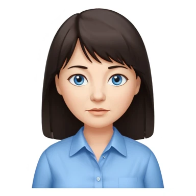 50 yr old woman, blue eyes, long straight dark brown hair, business shirt, chubby, bangs sticker