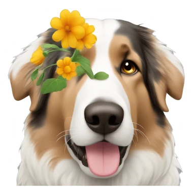 Black white and brown Austrian Shepherd smelling a flower sticker