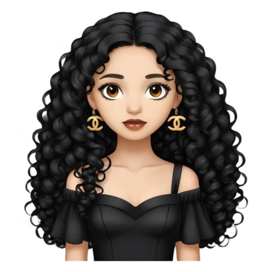 light skin girl with very long black curly hair, brown eyes, wearing a black Chanel dress sticker