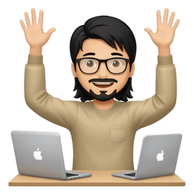 a young man with long black hair, with goatee, wearing glasses sitting with a computer, his arms up,cheering sticker