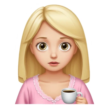 A blonde woman in a pink nightgown with wide eyes looks for coffee. sticker
