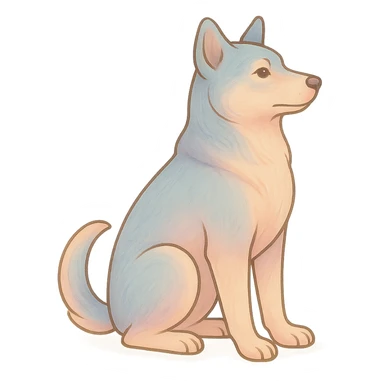 Edit the image to depict a dog as the symbol of the year in Feng Shui, in a Chinese Eastern style. Use thin, clean contours and soft rounded shapes. Apply a pastel palette with colors #98B5BC, #B5B3C1, #C9A3C9, #E4C0CA, #F7DCD1, #F7C0AA. Include detailed shadows and highlights with soft lighting. Keep the silhouette and appearance as in the reference. Make it less cute and without decorative elements. Transparent background. sticker