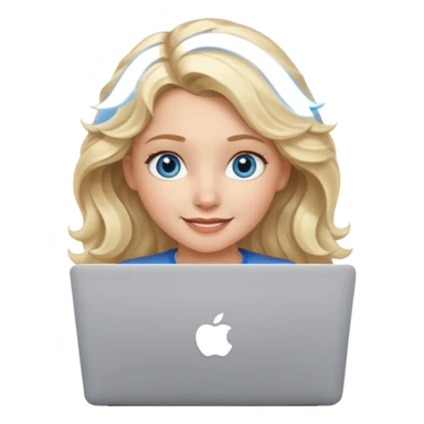 blond girl, blue eyes, hair wavy, , behind her silver colored laptop from apple, she looks straight infront of her, looks a bit taller sticker