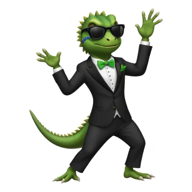 capitalist iguana banker in tuxedo and black sunglasses dancing crazy sticker