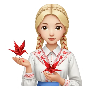 Ukrainian young girl with blonde braided hair wearing a white traditional embroidered shirt (vyshyvanka) holding a red origami paper crane in her hands sticker