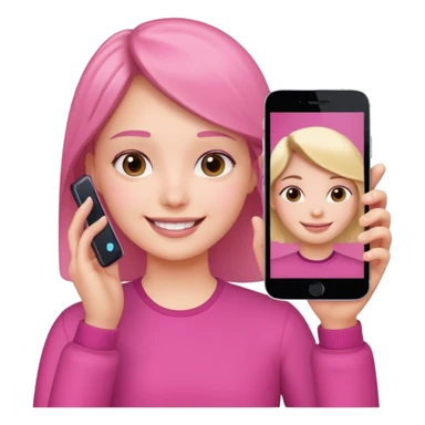 pink video call between one person holding the phone with a person on the phone screen sticker