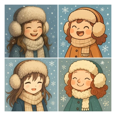 cute winter girl, wearing fur hat and earmuffs, snowflakes, diverse styles sticker