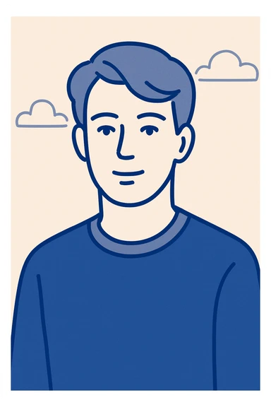 portrait of a guy with dark blonde hair and blue eyes, neutral background, modern illustration style sticker