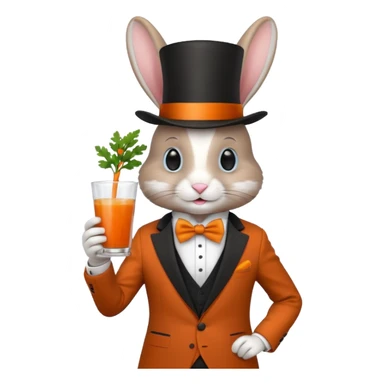 rabbit wearing suit, bowtie and top hat, holding glass of carrot juice sticker