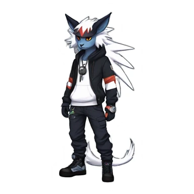 Cool Anthro Absol-Noivern-Litten-Lynx-Pokémon with edgy stripes hoodie spiked collar punk techwear Cargo Pants Full Body sticker