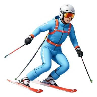An icon featuring snowy peaks, pine trees, and a picturesque mountain landscape with a skier racing down a snow-covered slope. The sky is blue with soft clouds, capturing the thrill and beauty of alpine skiing. Transparent background highlights the excitement and serenity of winter sports. sticker