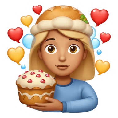 Apple-style emoji illustration of a person with dreamy eyes, and avobe them a thinking bubble with a traditional panettone inside the bubble, small hearts floating around, soft 3D emoji style, smooth gradients, rounded shapes, warm festive colors, simple expression. sticker