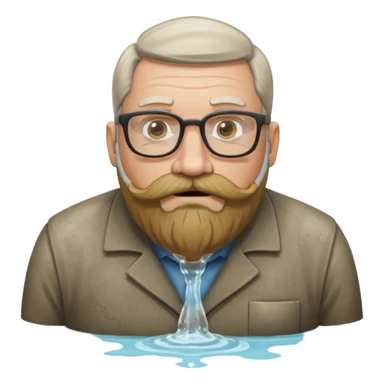 50 year old bearded and moustached white male wearing glasses. His mouth has been cast into a frame made of concrete and out of his mouth is flowing sewer water connected to a drain pipe. He is proud and thinks his right, while being slightly angry because the joke is on him. sticker