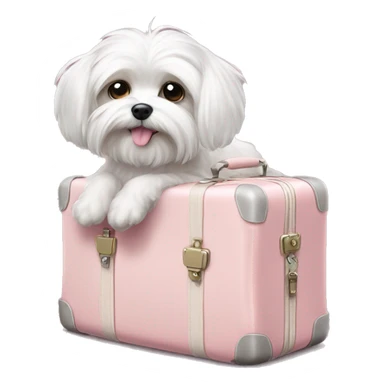 Maltese dog in a light pink bag standing on a suit case  sticker