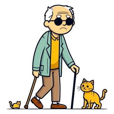  old blind man and his walking stick with golden cat ￼ sticker