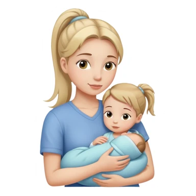 Girl with ponytail gently hugging a newborn baby and a young girl, family moment sticker