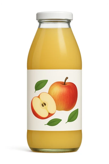 Change the juice and label to apple flavor, with an apple illustration on the label, matching the style and bottle shape of the reference image. sticker