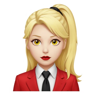 Woman with porcelain white skin, thick blonde hair that's in a thick, long ponytail, has a black nose, yellow scleras, red pupils, and a red suit with a black tie. Demon sticker