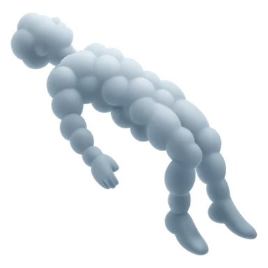 side view of unconscious person flying upwards by torso, legs and arms downwards, made of small very bright white fluffy convex clouds, matte glass style sticker