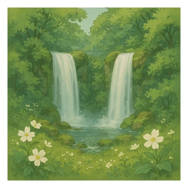 double waterfall in forest, some white flowers, natural colors, soft, fairy-like atmosphere, no background, square size sticker