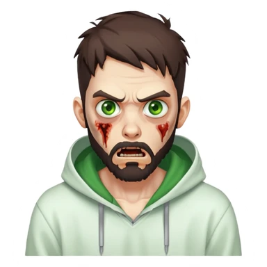 zombie with shocked expression, undercut hairstyle with dark brown hair, short full beard, intense green eyes, wearing plain white hoodie sticker