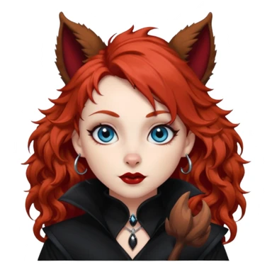  long curly red hair (darker), red pointed ears with black trim, black goth outfits, body and face human, blue eyes, more pointy chin, black lipstick, one big fluffy red squirrel tail with black tips, like the attached photo with more outfits and poses,  sticker