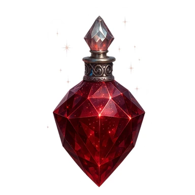 luxurious crystal elixir bottle in faceted red crystal shape, deep red color, ornate silver and iridescent details, magical glowing and sparkling effects, very small neck, seamless bottom, bottle clearly floating in air, no base or shadow, modern, collection style, transparent background sticker
