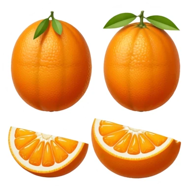 small oval citrus fruit with smooth glossy orange skin, whole and halved to show juicy segments and tiny seeds, firm slightly dimpled texture, miniature scale, no leaves or extras, soft lighting, subtle shadows, emoji scale sticker