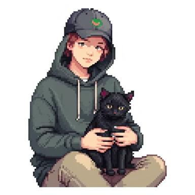 guy with a cap and hoodie, two black cats on his lap sticker