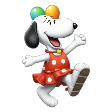 Snoopy bailando vestido de payaso con globos y una torta sticker