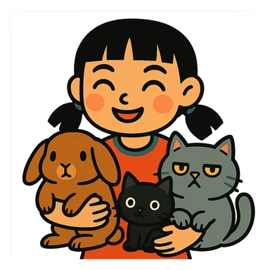 brunette chinita girl holding a brown holland lop rabbit, gray persian cat, and black kitten in vibrant-toon style sticker