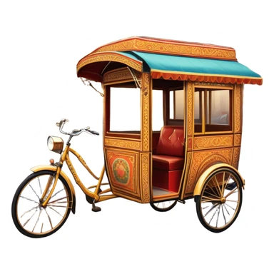 Cyclo rickshaw – Cinematic Realistic Cyclo Rickshaw, depicted as a charming, ornately painted three-wheeled cycle taxi with vintage detailing, set on bustling city streets under dynamic urban lighting that evokes cultural heritage and nostalgic charm. sticker