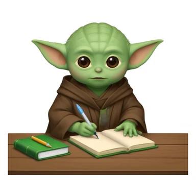 Baby Yoda con su tunica chocolate escribiendo en un cuaderno sobre un escritorio sticker