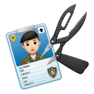 Floating black Scissors cutting in half an idf soldier ID card with a little chip in 2 parts sticker