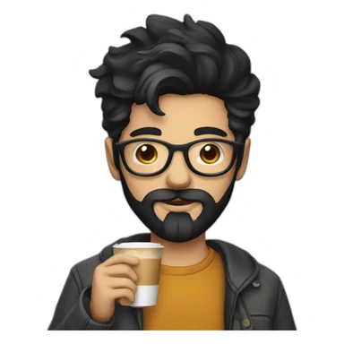 Hipster with black hair, beard and glasses drinking cappuccino   sticker