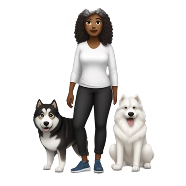 a white woman. is wearing black loose trousers and a white shirt. She is a cute, curvy woman with brown curls at shoulder length.    next to her is an Alaskan malamute dog. the dog is black with a white spot on his face. sticker