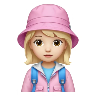 A little girl student white skin, blonde hair, with pink bucket hat, white jacket, blue backpack sticker
