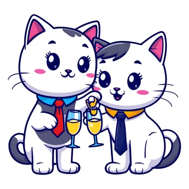 happy girl cat with eyelashes wearing a colorful necktie and happy boy cat wearing a professional necktie clinking champagne glasses together in celebration, both with cheerful expressions sticker