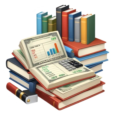 Icon for Business Reading: an open book with graphs, numbers, percentages, formulas, and text on the pages, next to a stack of books, a pile of dollars, a calculator and business magazines like Forbes. Transparent background. sticker