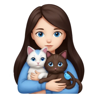 a girl with long dark 
brown hair, with blue eyes, hugs 3 different natural coloured cats sticker