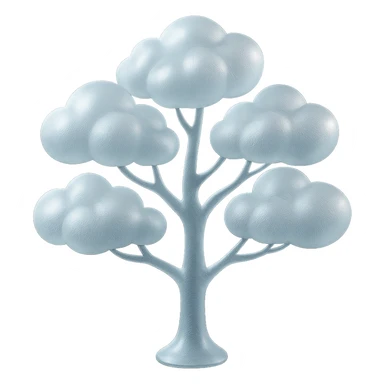 one tree with many branches and a white trunk, crown made of small very bright white fluffy convex clouds, matte glass style sticker