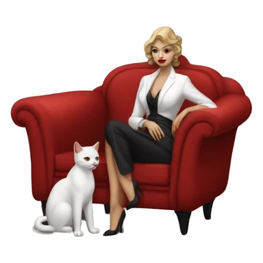 a woman cosplaying don corleone as a mafia boss sitting on a red chair petting a white cat on his lap sticker